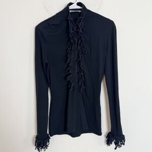 Anne Fontaine psychee ruffled black zip neck long sleeve blouse